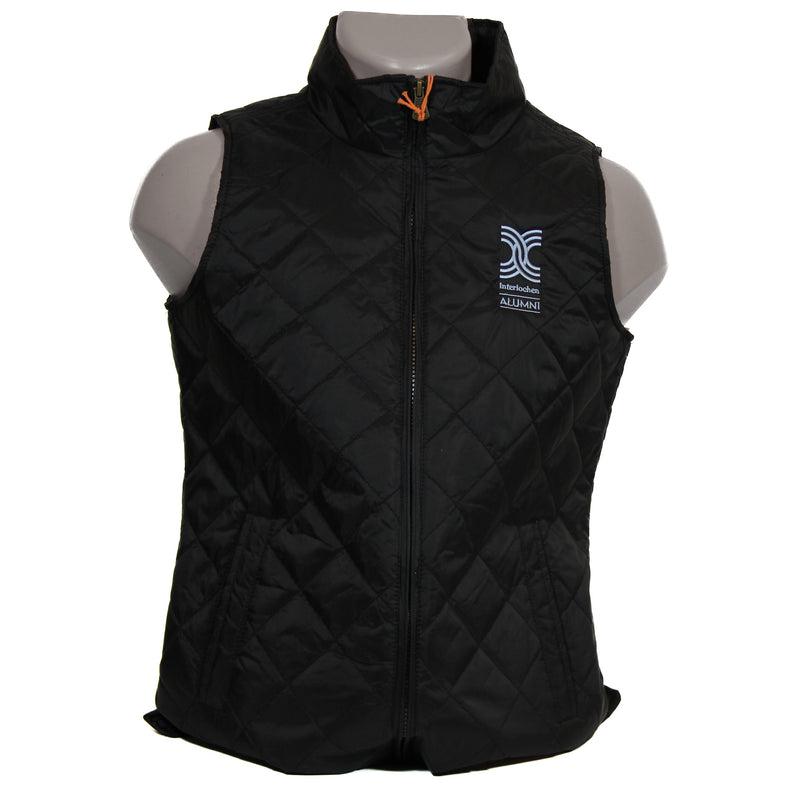Quilted Black Sleeveless full Zip vest with Alumni Interlochen Logo Embroidered light blue thread